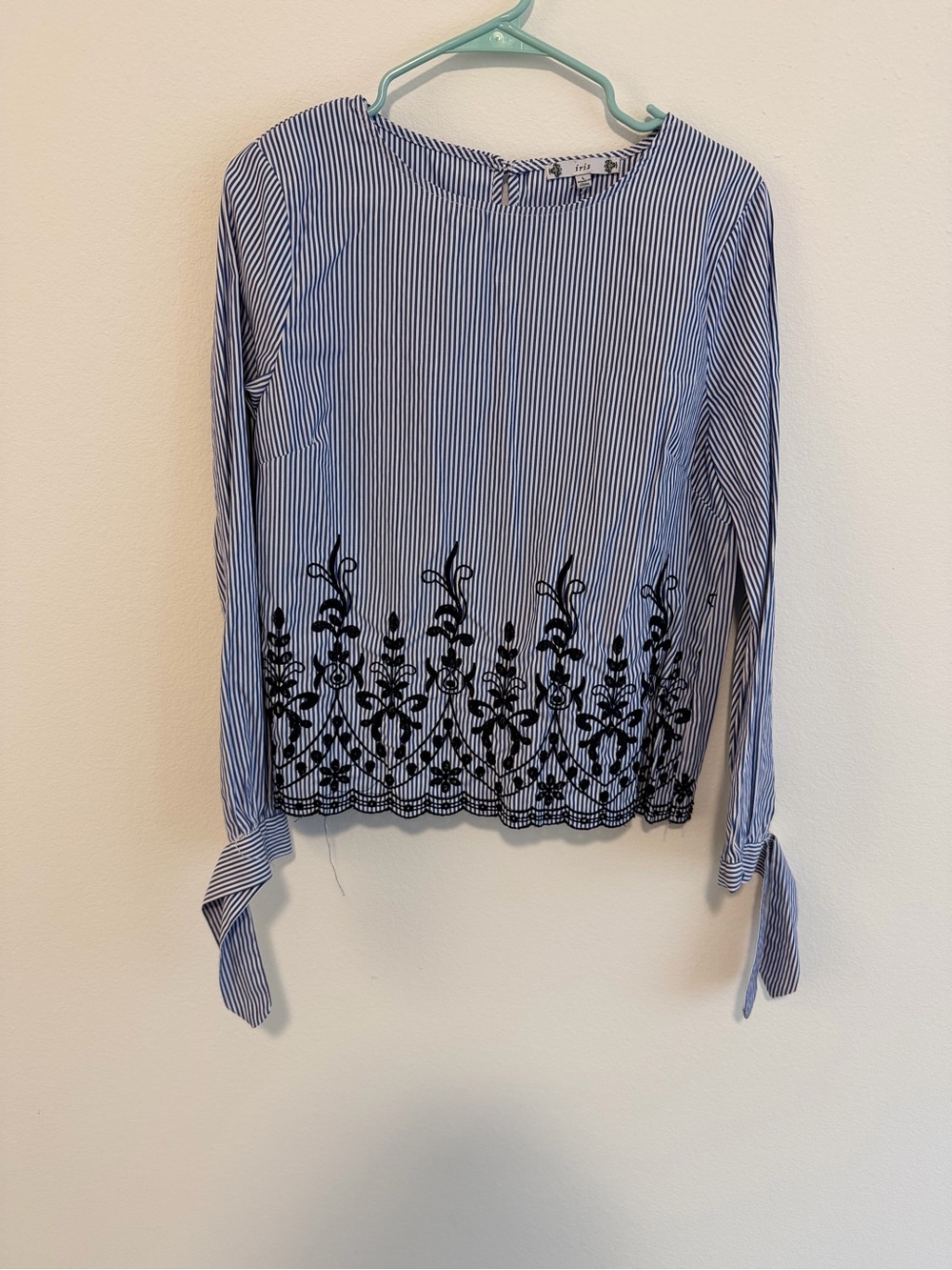 iris Blue & White Striped Long-Sleeve Top with Black Embroidery